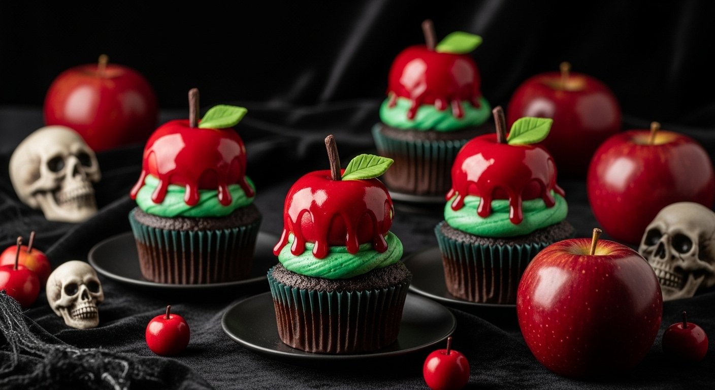 How to Make Edible Poison Apple Cupcakes (Snow White Inspired) Once upon a time (okay, maybe just last Halloween), the Evil Queen cast her spell — and we’ve been obsessed with poison apples ever since. But this year, you don’t have to wait for a fairy tale villain to bring the magic. You can create your very own edible poison apple cupcakes — sweet, spooky, and 100% safe to eat! These cupcakes are the perfect blend of Disney nostalgia and Halloween drama — think moist apple-flavored cake topped with glossy, blood-red candy glaze that looks wickedly enchanting. Whether you’re hosting a Halloween party, a Disney movie night, or just love getting creative in the kitchen, this recipe is your golden (or rather, ruby-red) ticket. Ready to bake something wickedly good? Let’s get started. 👩‍🍳✨ 🎃 Why You’ll Love These Poison Apple Cupcakes Perfect for Halloween 2025: They look spooky but taste incredible. Disney-inspired magic: A nod to Snow White’s iconic poisoned apple. Beginner-friendly: You don’t need advanced baking skills to pull this off. Customizable: Go red for Snow White or green for a creepier twist. Show-stopping: These cupcakes look straight out of a fairytale villain’s kitchen. 🧁 What You’ll Need Ingredients for the Cupcakes: 1½ cups all-purpose flour 1 tsp baking powder ½ tsp baking soda ½ tsp salt 1 tsp cinnamon (optional for fall flavor) ½ cup unsalted butter (softened) ¾ cup granulated sugar ¼ cup brown sugar 2 large eggs ½ cup applesauce (for moisture and flavor) ½ cup milk 1 tsp vanilla extract Optional: ½ cup finely chopped apples For the Frosting (Base Layer): 1 cup unsalted butter, softened 3 cups powdered sugar 1 tsp vanilla extract 2 tbsp milk or heavy cream A few drops of green or black food coloring (for that eerie “poison” hue) For the Edible “Poison Apple” Glaze: 1 cup granulated sugar ½ cup light corn syrup ¼ cup water Red food coloring (gel preferred) Candy thermometer (optional but helpful) 🍏 Step-by-Step Instructions Step 1: Make the Cupcakes Preheat your oven to 350°F (175°C) and line a muffin tin with cupcake liners. In a bowl, whisk together the dry ingredients — flour, baking powder, baking soda, salt, and cinnamon. In another large bowl, cream the butter and sugars until light and fluffy. Beat in the eggs, one at a time, then add applesauce and vanilla extract. Alternate adding the dry ingredients and milk until the batter is smooth. Fold in the chopped apples if using. Fill cupcake liners about ¾ full and bake for 18–20 minutes, or until a toothpick comes out clean. Let them cool completely before decorating. 💡 Pro tip: Using applesauce keeps your cupcakes moist without making them heavy — and adds that subtle “apple orchard” flavor Snow White would approve of. Step 2: Whip Up the Frosting Beat the butter until creamy. Gradually add powdered sugar, vanilla, and milk. Tint the frosting with a few drops of green or black food coloring — this gives the base that “toxic magic” look! Pipe or spread a smooth swirl of frosting on each cooled cupcake. Step 3: Make the Poison Glaze This is where the magic happens — the glossy red “poison” that drips down like enchanted syrup. In a small saucepan, combine sugar, corn syrup, and water. Bring to a boil over medium heat. Do not stir once it starts bubbling! Use a candy thermometer — once it reaches 300°F (hard crack stage), remove from heat. Quickly add red food coloring and stir gently (be careful, it’s hot). Let it cool for a minute or two — you want it thick enough to coat but not so hot it melts the frosting. Carefully spoon or drizzle the red glaze over the cupcakes, letting it drip down the sides for that signature “poison apple” effect. 💀 Caution: The sugar syrup gets extremely hot — handle with care and keep kids at a safe distance. Step 4: Add the Finishing Touches Apple stems: Use small pretzel sticks or chocolate-covered biscuit sticks. Leaves: Cut tiny green fondant or candy leaves and press them next to the stem. Extra shimmer: Lightly brush edible glitter on top for that fairytale sparkle. Now step back and admire your handiwork — you’ve just created edible works of art worthy of an Evil Queen’s bake sale! 👑 🍎 Creative Variations Want to give your cupcakes an extra dose of personality? Try these fun twists: Green Poison Version: Swap red food coloring for neon green for a more villainous vibe. Black Magic Apples: Use black gel food coloring in the glaze for ultra-dark glamour. Candy Core: Fill cupcakes with raspberry jam for a “bleeding apple” surprise inside. Snow White Theme: Add little mirror toppers or gold dust for a royal finish. 🕯️ Tips for Success Work quickly with the glaze — it thickens fast! Use gel food coloring for richer, more vivid color. Let cupcakes chill slightly before glazing so the frosting doesn’t melt. If glaze hardens too soon, reheat it gently over low heat. 🧊 Storage & Make-Ahead Tips Store cupcakes at room temperature for up to 2 days, or refrigerate for 4–5 days. Keep them in an airtight container to prevent the glaze from becoming sticky. Make the cupcakes a day ahead and glaze them right before serving for the freshest look. 👑 FAQ: Edible Poison Apple Cupcakes 1. Are poison apple cupcakes safe to eat? Absolutely! Despite the “poison” name, the glaze is made from edible ingredients like sugar, syrup, and food coloring — completely safe to enjoy. 2. Can I make these cupcakes ahead of time? Yes! Bake the cupcakes a day before and store them in an airtight container. Add frosting and glaze just before serving for the best texture and shine. 3. What’s the best way to get that glossy red color? Use gel-based red food coloring — it’s more vibrant and won’t water down your sugar glaze. 4. Can I use store-bought cupcakes? Definitely. If you’re short on time, buy plain cupcakes and focus on the frosting and glaze. It’s the decoration that makes them “poisonous.” 5. Can I make them kid-friendly? Yes! Skip the candy thermometer step by using a simple red syrup glaze instead — safer for little bakers and still super spooky. 💋 Final Thoughts These Snow White-inspired edible poison apple cupcakes are a show-stopping addition to any Halloween 2025 dessert table. They’re equal parts spooky and stunning, with a flavor that’s more “sweet temptation” than deadly curse. So grab your mixing bowl, put on your favorite villain playlist, and create a batch of cupcakes that’ll make everyone say, “One bite… and all your wishes will come true.” 😉 Now it’s your turn — will you dare to take a bite?