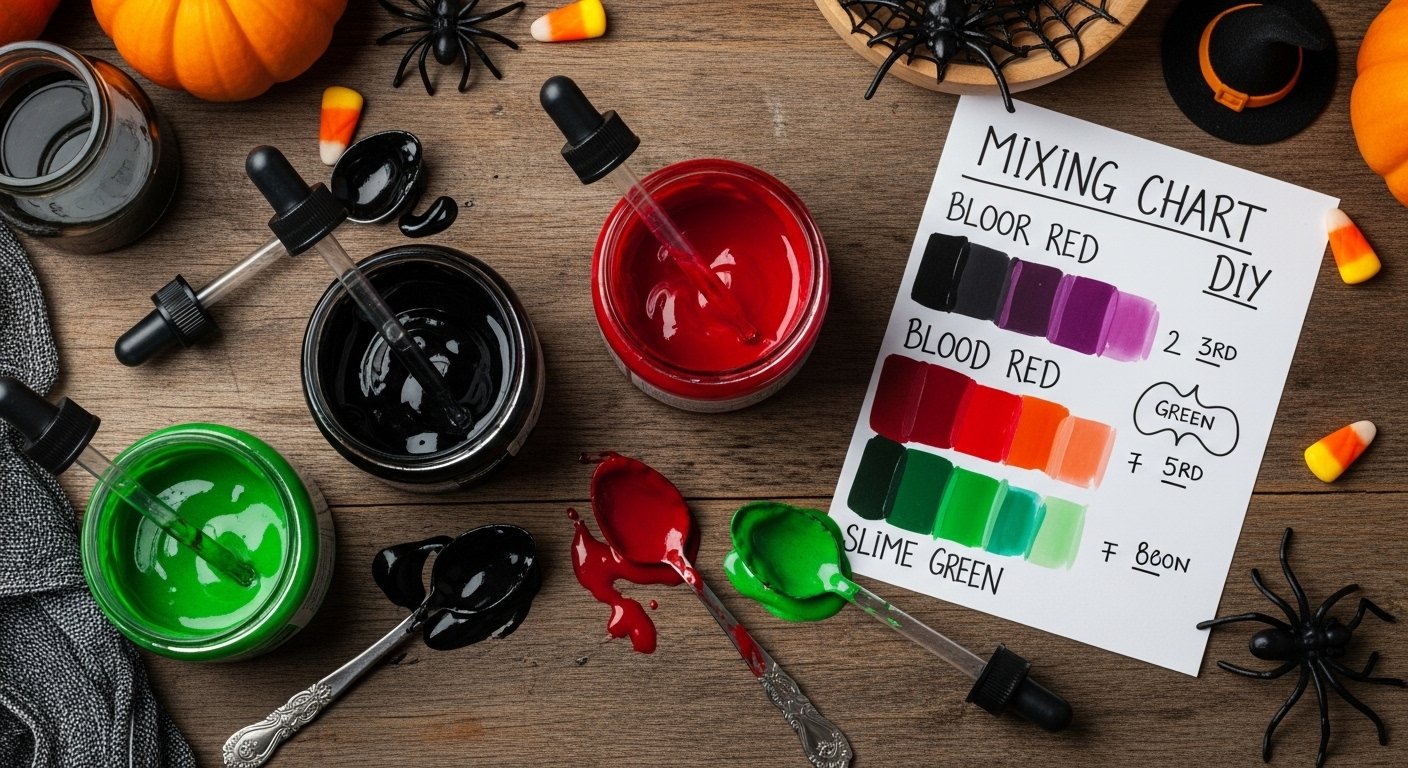 Food Coloring Mixing Chart for Halloween Shades (Black, Blood Red, and Slime Green)